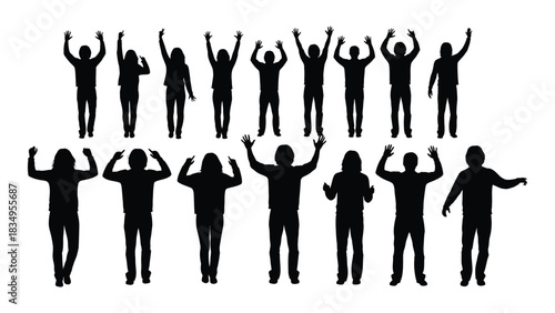 Diverse group of people silhouettes with raised hands isolated on white background, Vector