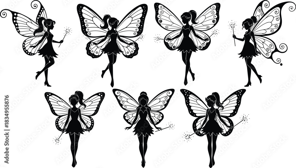Obraz premium Collection of Seven Beautiful Fairy and Butterfly Silhouette Graphics Holding Magic Wands in Various Poses for Fantasy, Children's Books, and Decoration Themes.