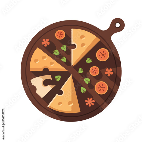 A delicious pizza with cheese slices and toppings arranged on a wooden cutting board isolated on white background
