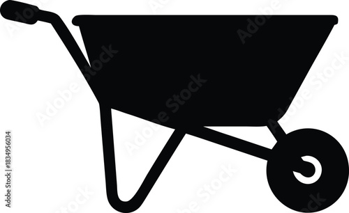 A simple black and white illustration depicts a wheelbarrow a gardening tool high-quality