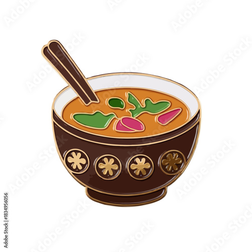 A delicious bowl of thai tom yum soup with a spoon presented as a stylized illustration isolated on white background