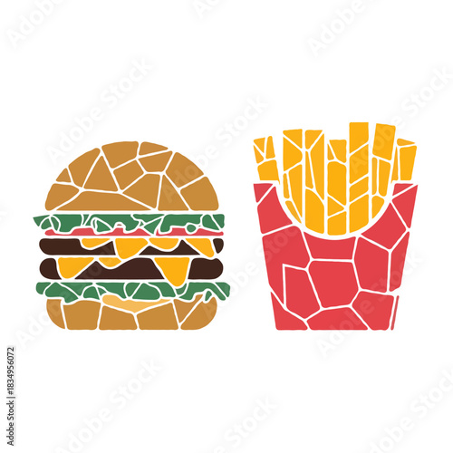 Colorful abstract mosaic style burger and french fries fast food meal isolated on white background