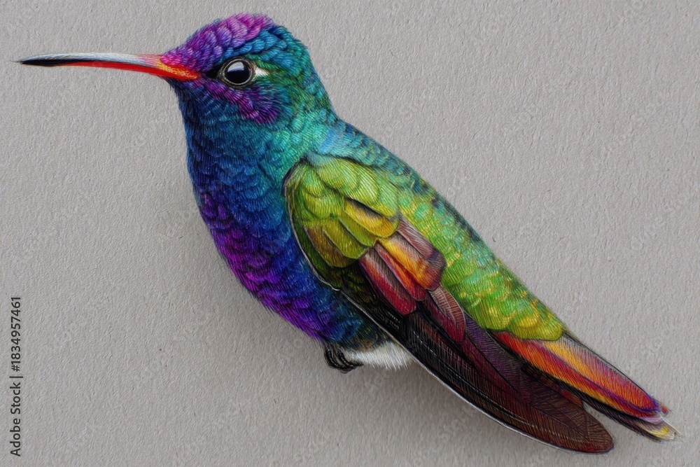 Naklejka premium Hand-drawn realistic depiction of a vibrant hummingbird with intricate colors perched in a natural setting during daylight