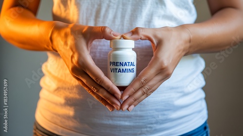 Woman holding prenatal vitamins bottle in heart shape gesture symbolizing pregnancy health

