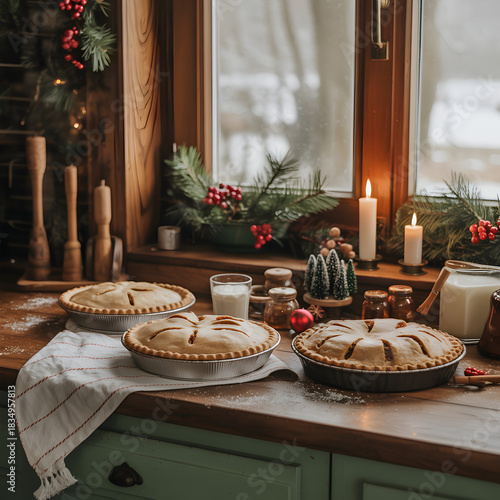 Three freshly baked pies sit on a wooden countertop near a window decorated for the holidays.