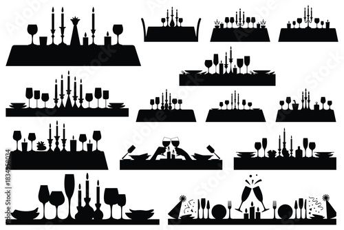 Black silhouettes of dining tables with candles and glassware