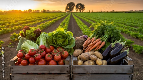 Fresh organic vegetables harvested in crates set on farm field at sunset
