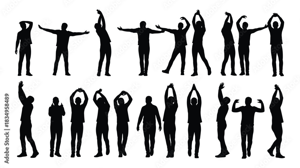 Fototapeta premium Human silhouettes in diverse poses isolated on white background, Vector