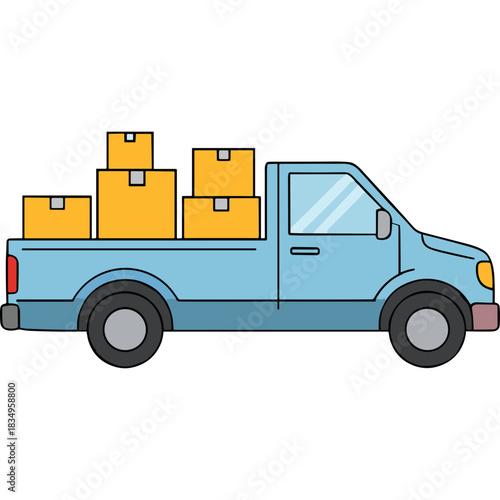 Light Blue Pickup Truck Loaded With Cardboard Boxes In The Cargo Bed Ready For Delivery Under Bright Natural Lighting