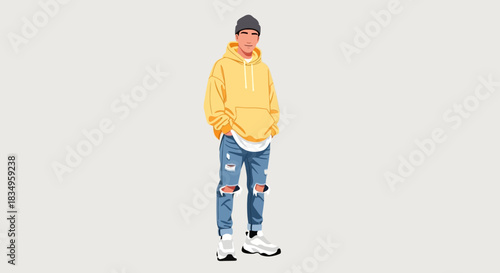 Full-length vector illustration of a young man wearing ripped jeans and a yellow hoodie, casually standing against a solid light gray background in a minimalist style.
