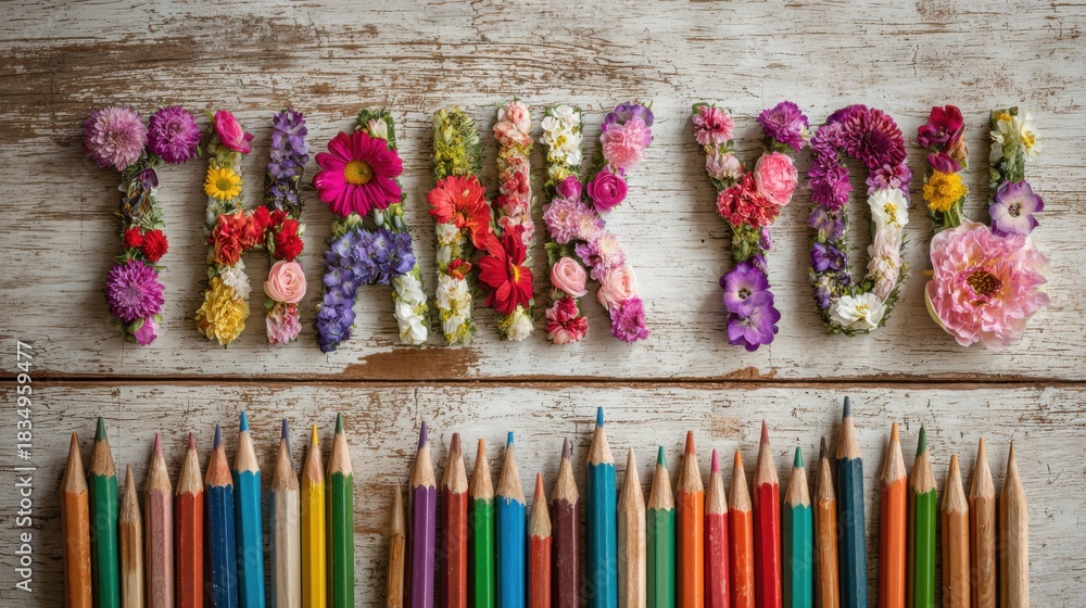 Fototapeta premium Creative typography of “Thank You” made from colorful flowers on wooden background with pencils below symbolizing gratitude, creativity and cheerful handmade art