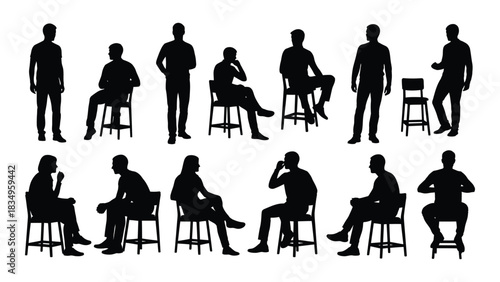 People silhouettes in various poses isolated on white background, Vector