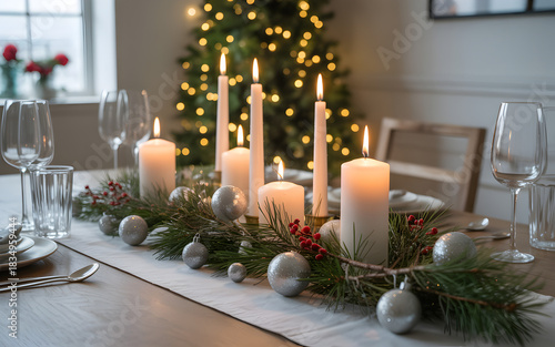 Elegant Christmas dining table setting with a festive centerpiece of lit candles, pine branches, and silver ornaments.