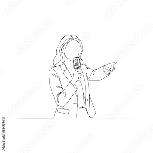 Continuous one line drawing of a female journalist holding a microphone and pointing. News reporter broadcasting concept in a minimalist vector art style.
