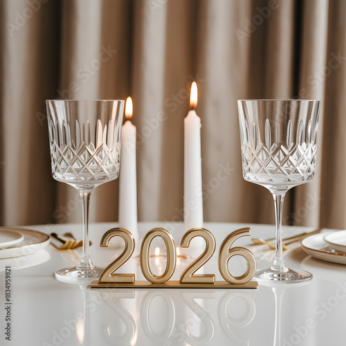 Elegant table setting with crystal glasses, candles, and golden 2026 numerals, celebrating the new year.
