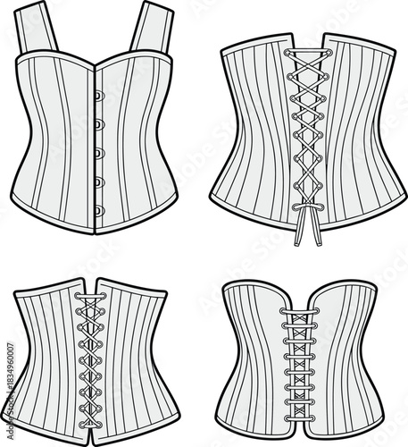 Vector technical fashion drawing of women’s corset with front busk closure and multiple back lace-up variations, detailed seams, boning, and garment template