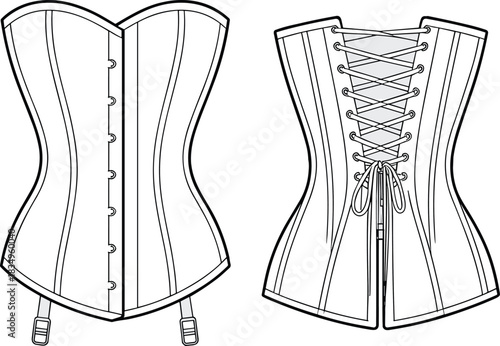 Vector technical drawing of women’s corset with front busk closure and back lace-up design, detailed seams, boning lines, and lingerie garment template