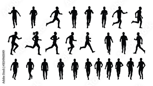 Running and jogging people silhouettes isolated on white background, Vector
