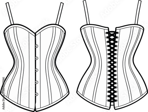 Women’s corset technical drawing featuring front button closure and back lace-up design, detailed seams, garment structure, sewing pattern, and lingerie fashion illustration