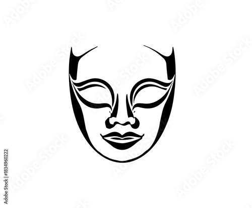 theatrical mask with black outline, isolated on a white background,