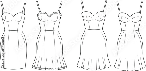 Fashion dress technical sketches set featuring fitted and flared silhouettes with straps, detailed outlines for garment design, sewing patterns, and apparel illustration