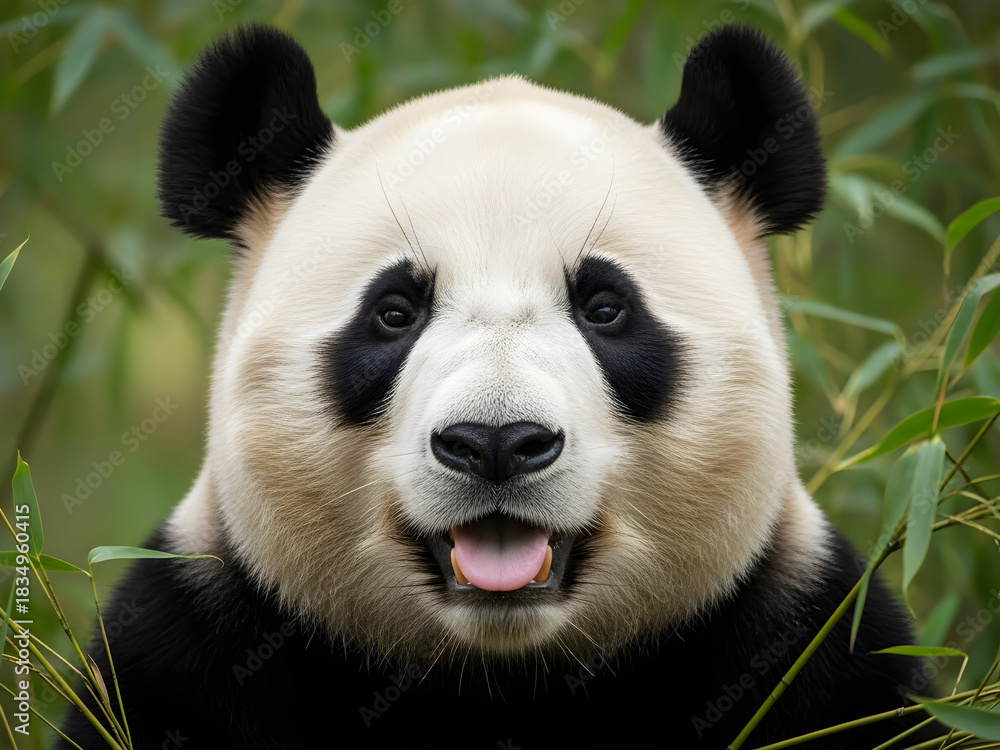 Naklejka premium giant panda eating bamboo, Happy giant panda smiles with open mouth, showing pure joy. Cute wild animal poses within natural bamboo habitat. Beautiful mammal iconic black, white fur, truly lovely wild