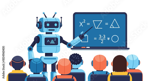 Illustrated robot teacher explains equations on a blackboard to a diverse group of students in a bright, modern classroom with artificial intelligence.