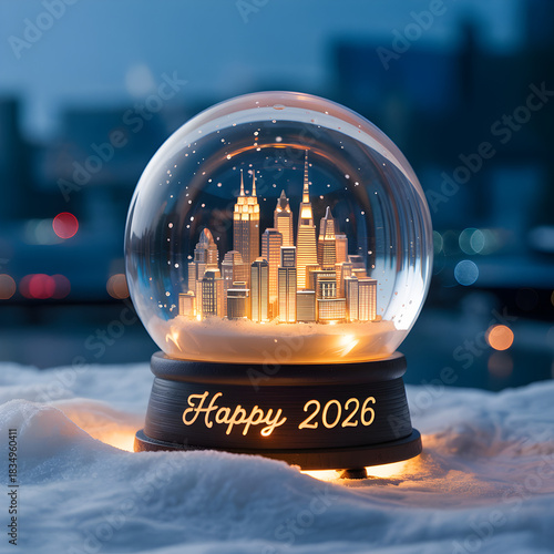 Snow globe with a city inside and the text 
