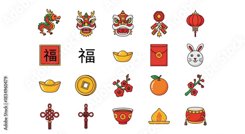 A flat lay illustration presents vibrant Lunar New Year icons, including dragon dances and red envelopes, against a clean white background, conveying celebration and