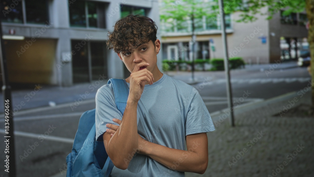 Fototapeta premium Teen boy with backpack places finger to lips on urban street by buildings, sidewalk, lamppost and storefront, arms crossed and looking pensive; thoughtful curiosity.