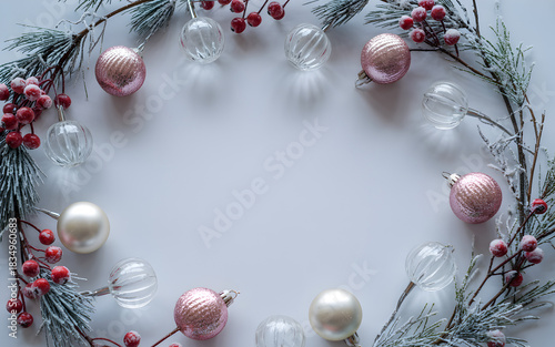 A festive winter holiday wreath with frosted evergreen branches, red berries, and pink, white, and clear glass ornaments on a light background.