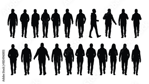 Collection of diverse people walking silhouettes isolated on white background, Vector