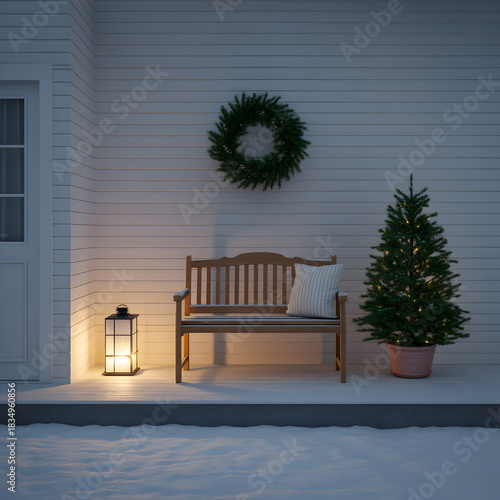A serene winter scene featuring a decorated porch with a bench, Christmas tree, and wreath.