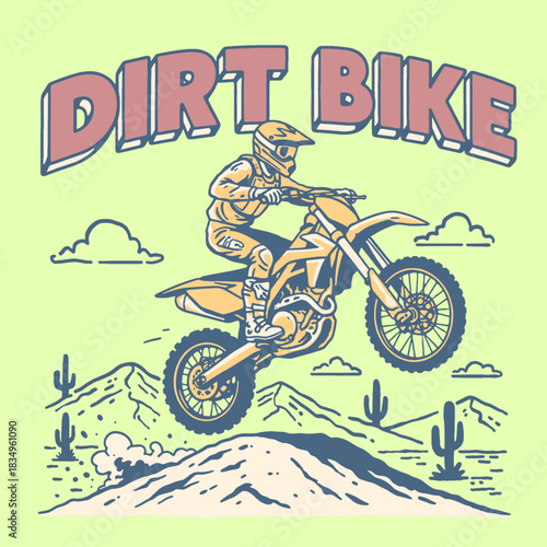 Retro Dirt Bike Motocross Rider Jumping Vector Art. Vintage Off-Road Desert Adventure Graphic T-Shirt Design.