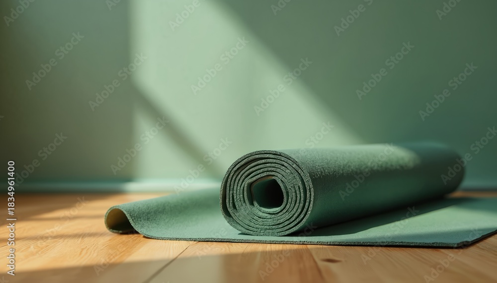 Obraz premium Rolled green yoga mat stands on wooden floor. Interior with wall background. Fitness studio home training concept. Equipment for stretching. Sunlight, shadow. Sport lifestyle, recreation. Practice