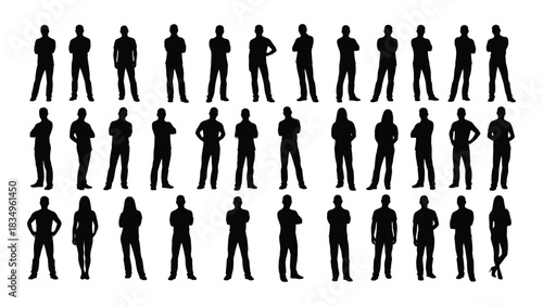 Diverse standing people silhouettes isolated on white background, Vector