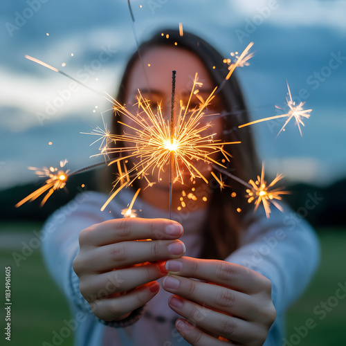 A person holding a lit sparkler, creating a bright starburst effect against a blurred background.