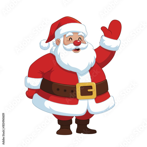 Cartoon illustration of Santa Claus waving and smiling, wearing his traditional red suit and hat with a white beard and red nose.