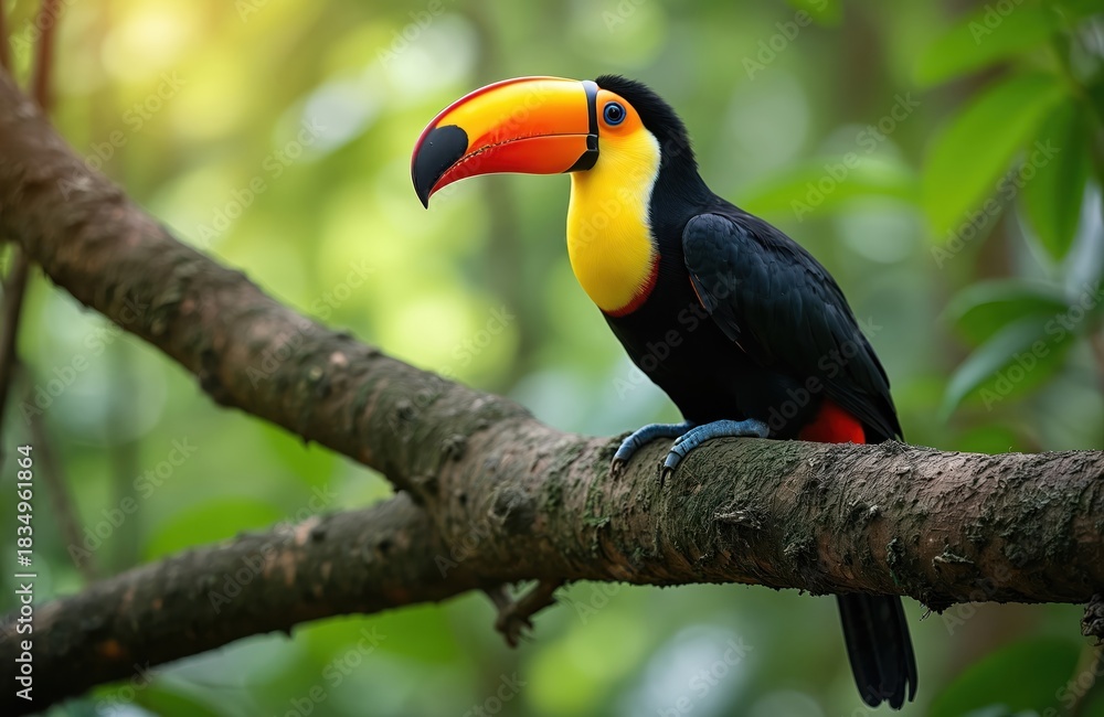 Naklejka premium Toco toucan sits on tree branch in rainforest. Large bird has black body yellow neck bright orange red beak. Wild animal in natural habitat jungle environment.