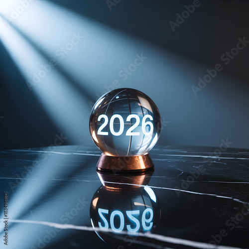 Crystal ball with the year 2026 inside, illuminated by a beam of light.