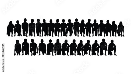 Diverse group of kneeling people silhouettes isolated on white background, Vector