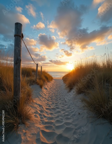 Sandy pathway through beach grass leads to ocean at sunset. Wooden posts and rope guide way over dunes. Warm sky colors reflect on calm sea water.
