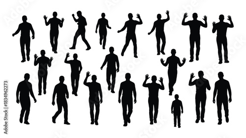 Collection of men silhouettes in various poses isolated on white background, Vector