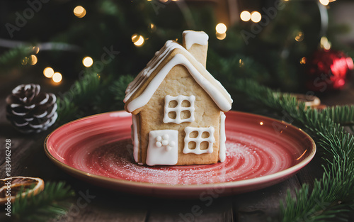 A charming gingerbread house decorated with white icing sits on a red plate amidst festive Christmas decorations.