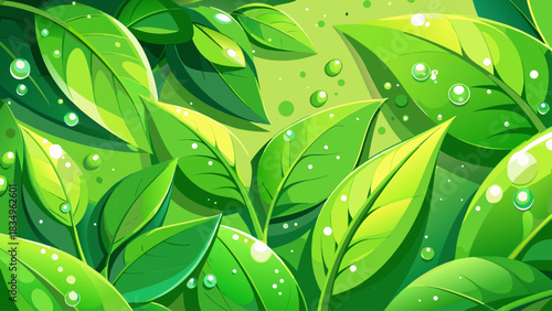 Bright green foliage with sparkling dew drops creating a refreshing and serene backdrop. Perfect for nature-themed layouts, wellness branding, environmental graphics, and clean presentation designs