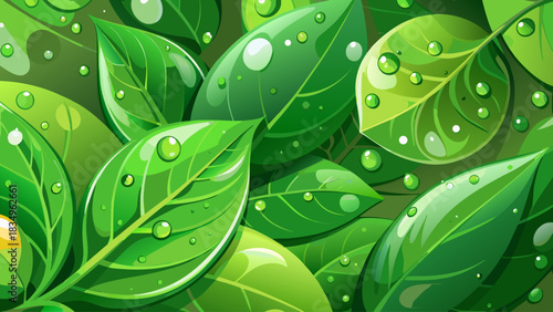 Fresh vibrant green leaves covered in delicate water droplets forming a clean, soothing natural background. Ideal for wellness presentations, botanical themes, eco-friendly designs, and calming nature