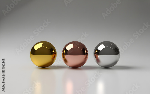 Three shiny metallic spheres in gold, copper, and silver colors lined up on a reflective white surface with a soft gray background.