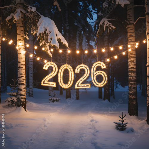 Illuminated 2026 numbers hanging on a string of lights in a snowy winter forest at night.