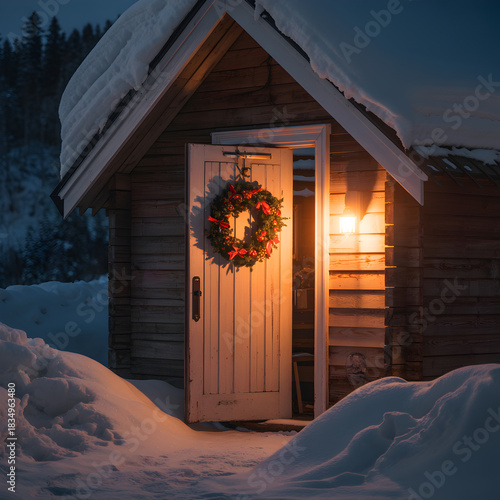 Cozy cabin door with Christmas wreath in snowy winter landscape.