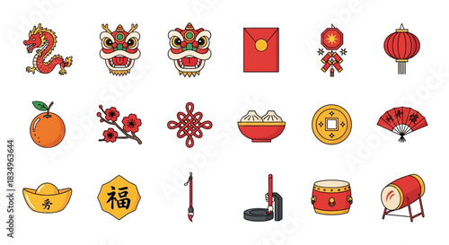 Flat lay vector illustration featuring red and gold icons representing Chinese New Year traditions and symbols on a white background.